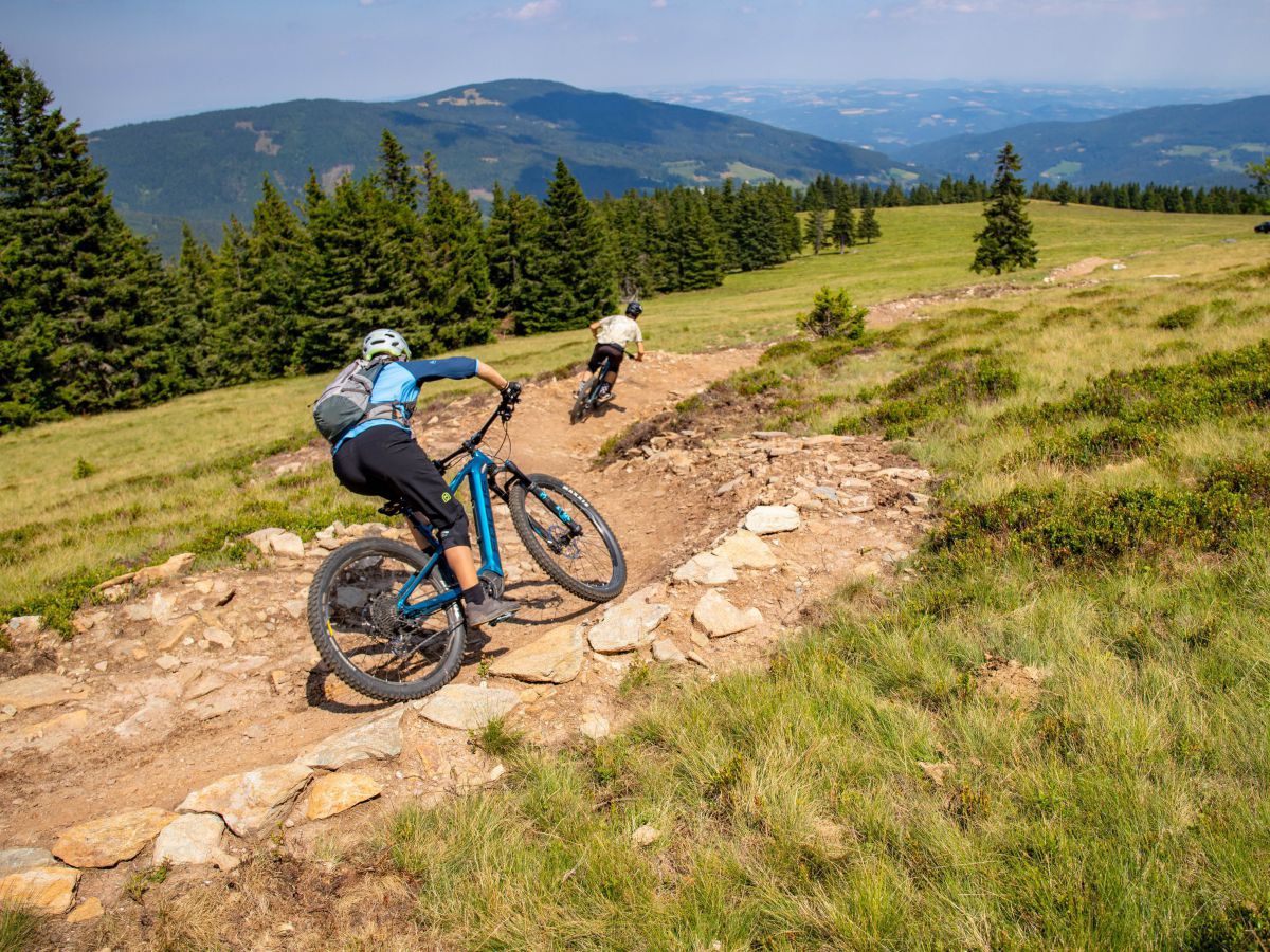 2 Personen fahren auf der Mountainbikestrecke ins Tal.