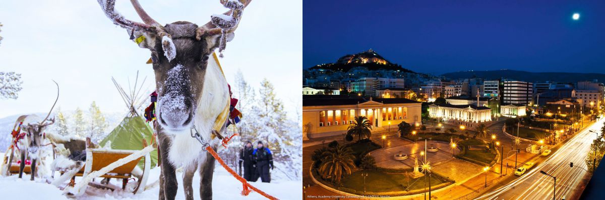 Links ein Rentier in Schneelandschaft, das vor einen Schlitten gespannt ist. Rechts ein mit Palmen bepflanzter, beleuchteter Platz in Athen bei Nacht.