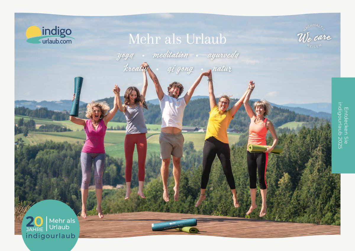 Cover Katalog Idigo-Urlaub, 5 Personen geben sich die Hände und springen in die Höhe.