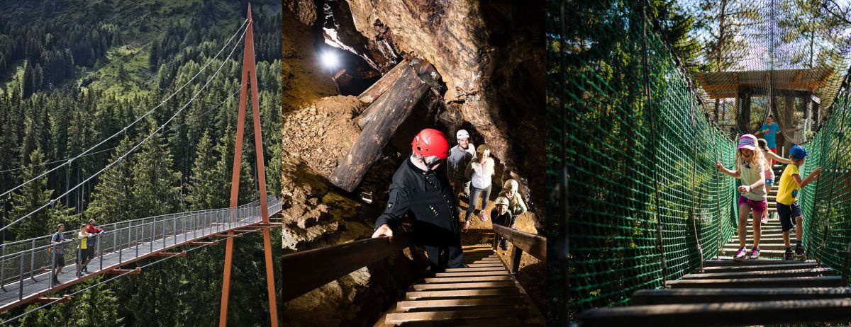 Drei Bilder: Links ein Paar auf einer Fußgängerbrücke über einem Wald, in der Mitte eine Gruppe bei der Führung durch ein Bergwerk, rechts ein paar Kinder in sommerlicher Kleidung auf einer Hängebrücke im Wald.