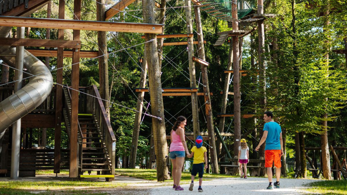 Sehr hohe Holzkonstruktion mit Stiegen, Stegen, Brücken und Rutschen im Wald.