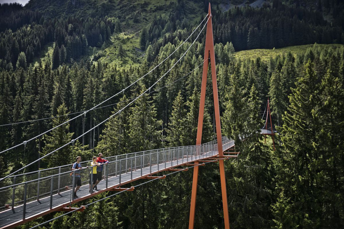 Menschen auf einer Fußgänger-Hängebrücke über einem Wald.